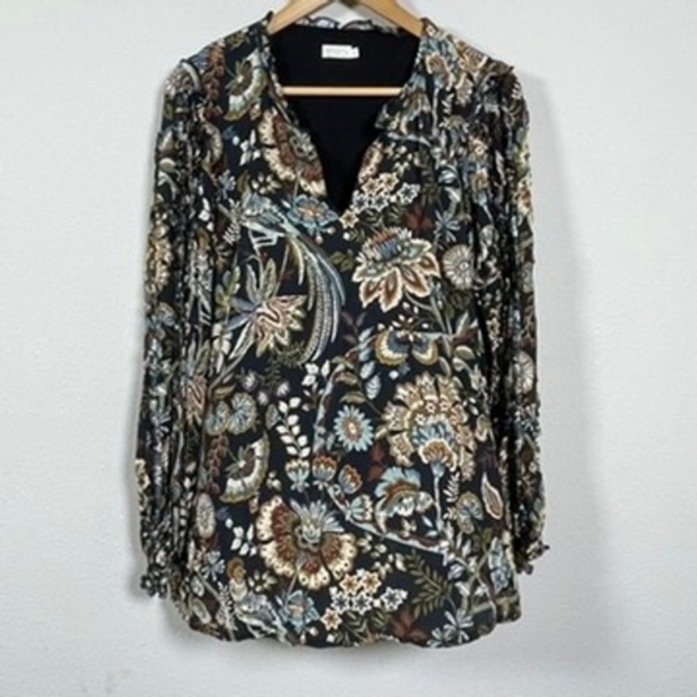 Spartina 449 Floral Dark Fairy‎ Tunic Women XL Navy Blue Ruffle Sleeve Blouse